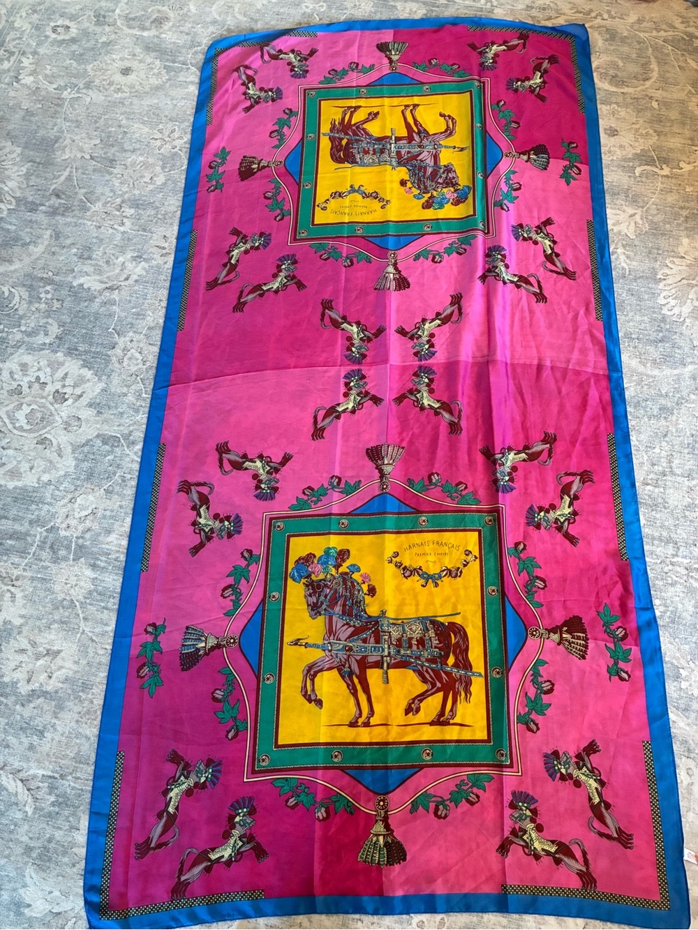 Hermes Vibrant Pink Horse Print Silk Scarf with Yellow Panels